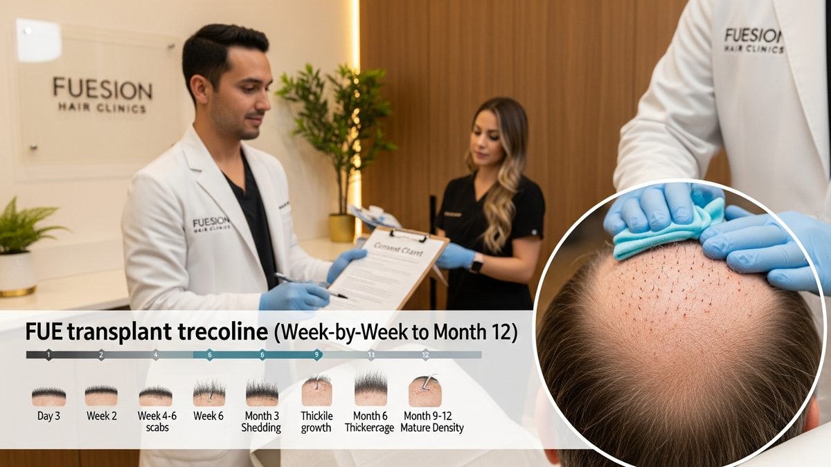 FUE hair transplant recovery timeline illustration showing day 1 to month 12 healing milestones
