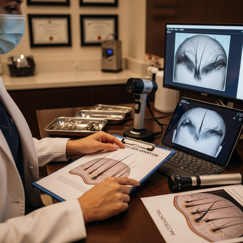Hair transplant surgeons compare FUE and FUT options during patient evaluation