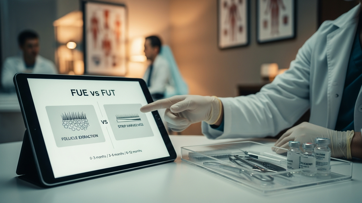 Hair plugs transplant consultation showing a modern clinic setting with hair restoration planning for FUE and FUT