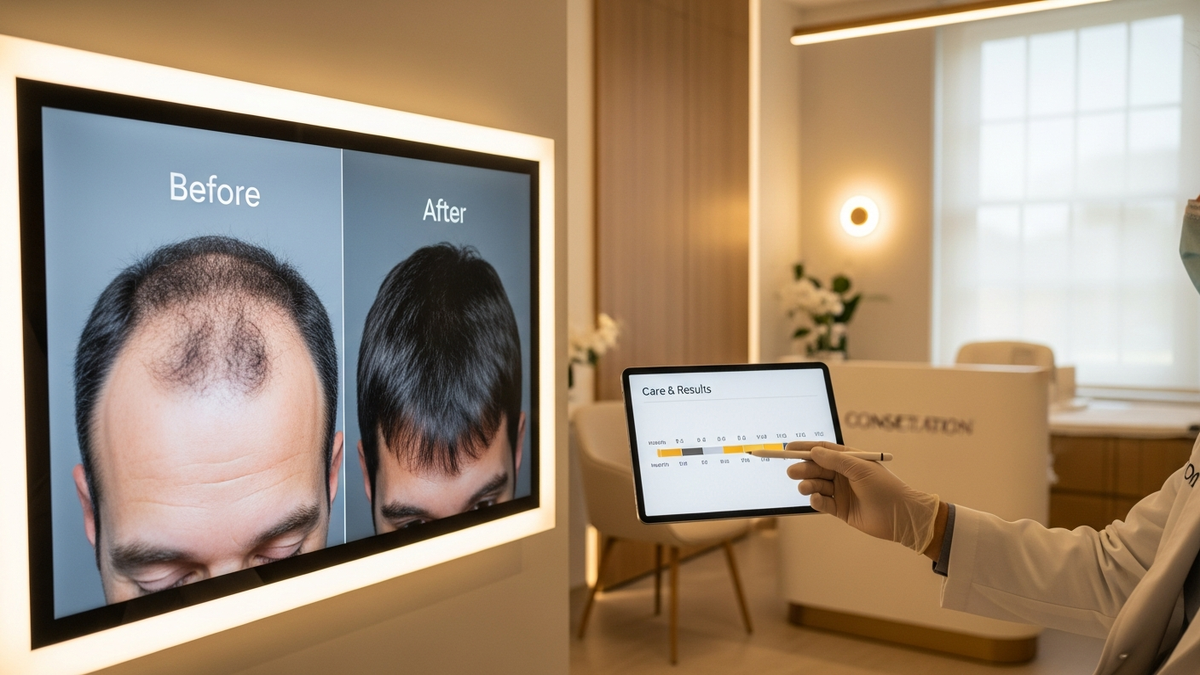 Hair transplant after before timeline showing healing and hair growth phases