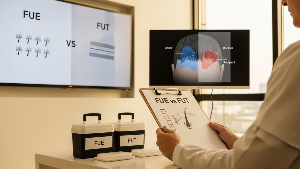 Men's hair transplant planning comparing FUE vs FUT for natural hairline results