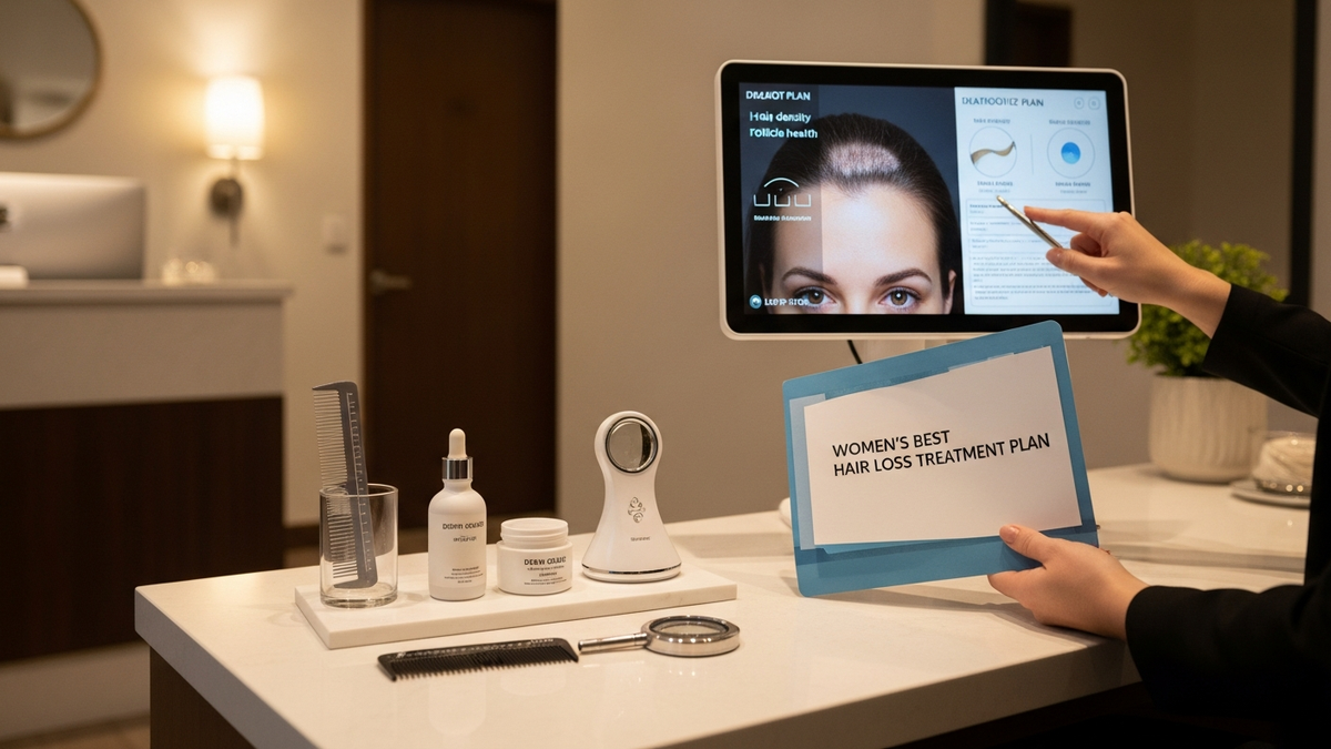 Women’s best hair loss treatment plan with diagnosis, minoxidil, and progress tracking