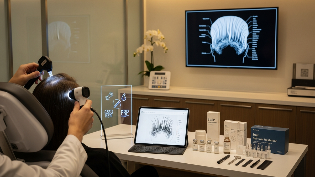 Hair hair loss treatment options discussed during a scalp evaluation