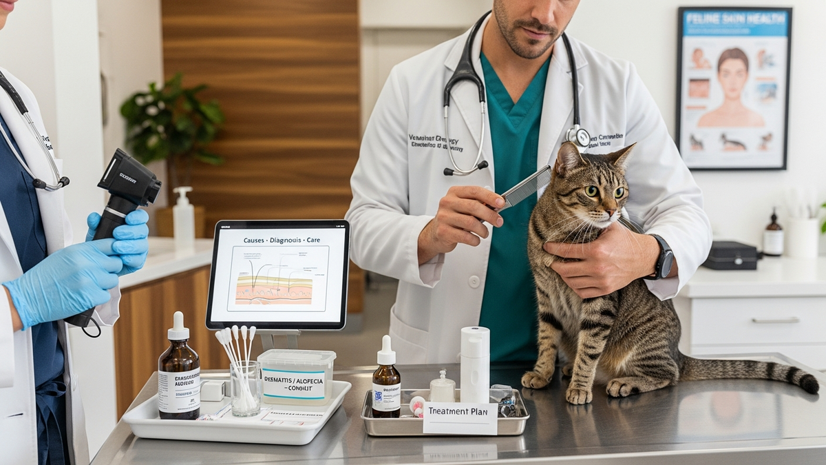 Hair loss in cats treatment begins with a veterinary skin exam and diagnosis