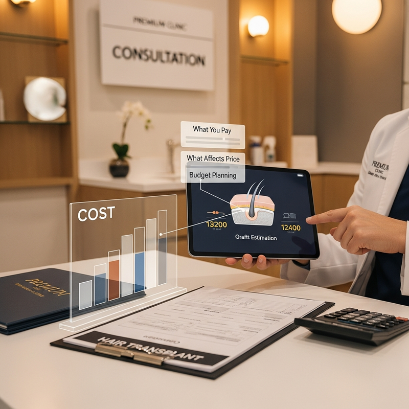 Hair transplant cost infographic card explaining factors that affect price including graft count, FUE vs FUT, and donor supply