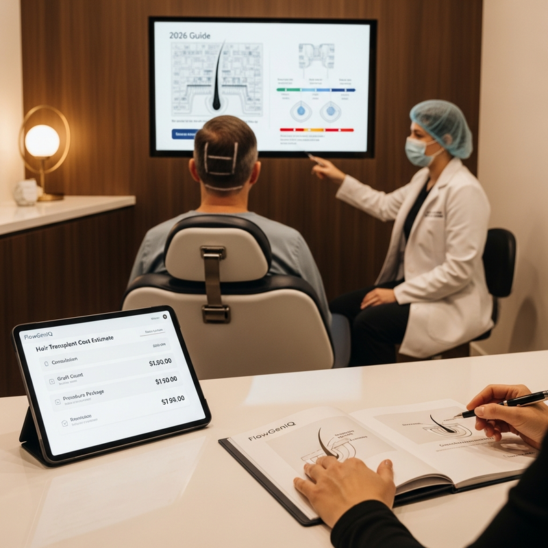 Close-up of hair transplant planning for FUE and FUT pricing discussion