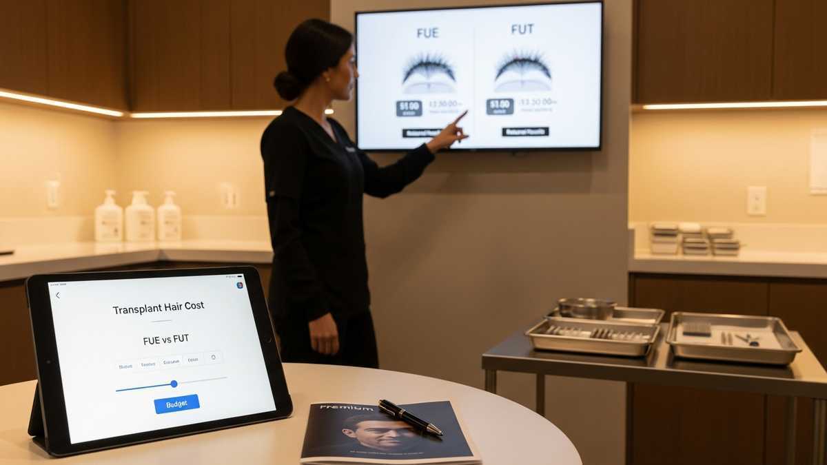 Transplant hair cost guide showing modern hair transplant planning with FUE and FUT tools and a clinician reviewing graft strategy