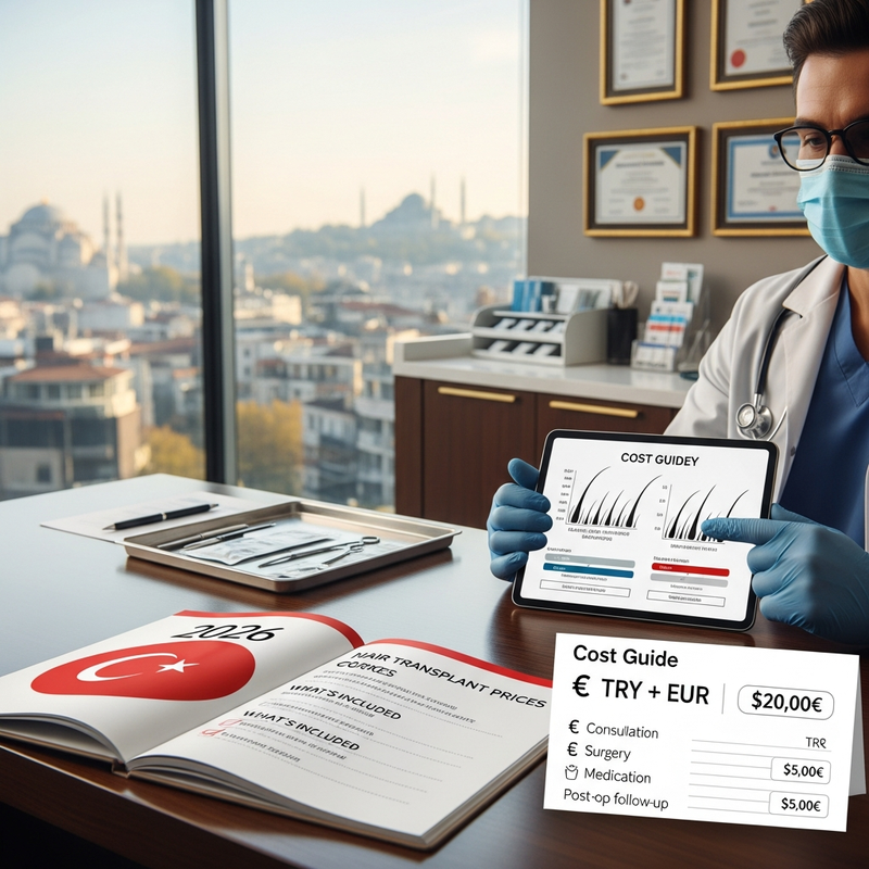 Hair transplant prices in Turkey cost guide card with FUE and FUT icons and a graft-count checklist