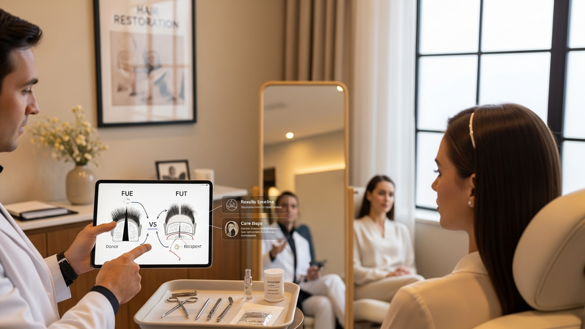 Hair transplant consultation for a woman considering FUE hair restoration