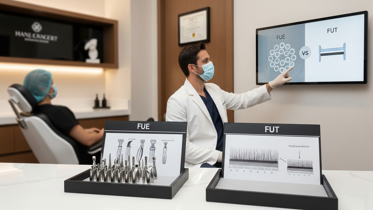 Male hair transplant surgery consultation for FUE and FUT planning