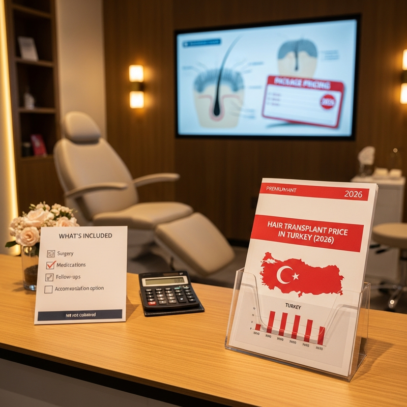 Hair transplant price in Turkey informational card showing FUE and FUT options