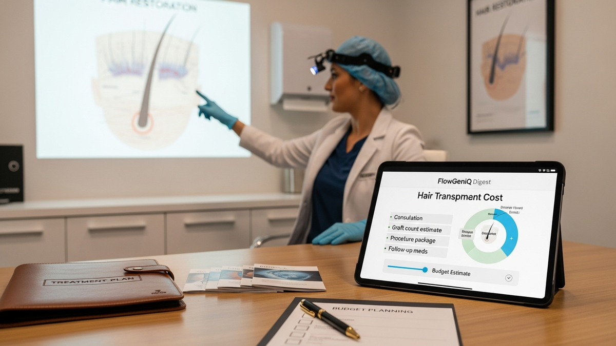 Cost for hair transplant guide showing a clinician discussing FUE vs FUT pricing and graft planning with a patient in a modern clinic setting
