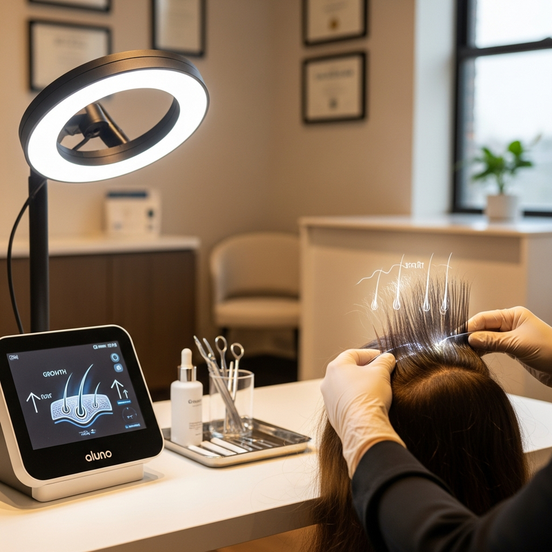 Hair growth treatment plan for woman with thinning hair and scalp assessment