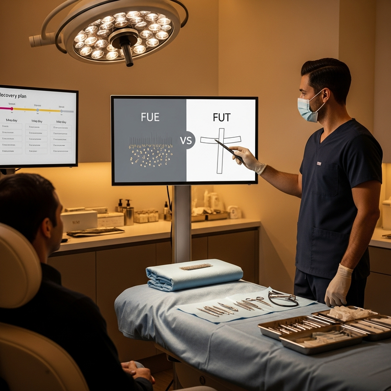 Hair transplant consultation with a hair implant surgeon for FUE and FUT options