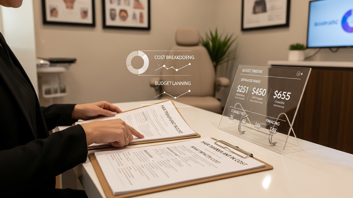 Hair transplant in cost guide showing a surgeon consultation and graft planning on a tablet in a modern clinic