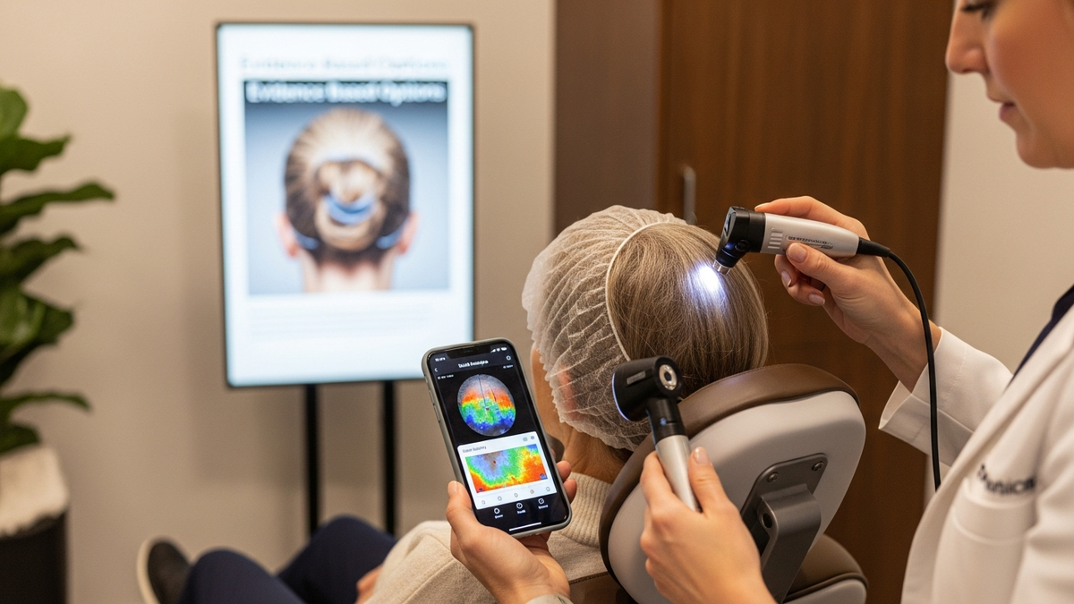 Woman evaluating thinning hair for hair loss ladies treatment options