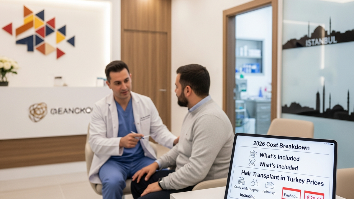 Hair transplant in Turkey prices guide with clinic consultation setting and scalp hairline planning visuals