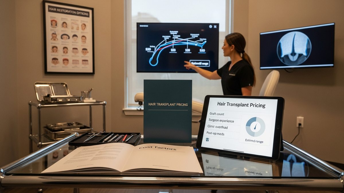 Cost of hair transplant surgery guide showing a patient consultation and surgeon planning hairline and graft strategy