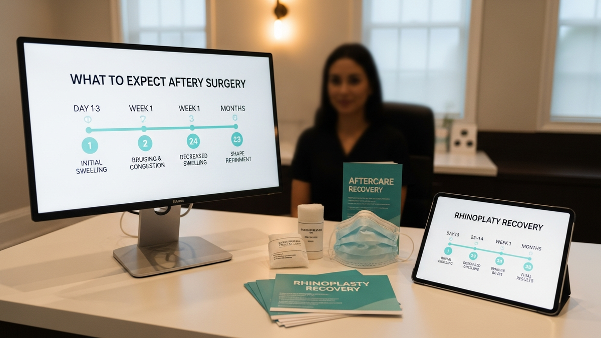 What to expect after rhinoplasty surgery recovery timeline guide with a calm, reassuring clinic setting and a patient consultation theme