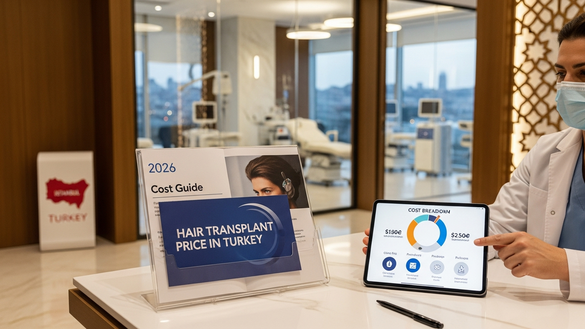 Modern hair transplant clinic in Turkey with surgeons planning FUE procedures