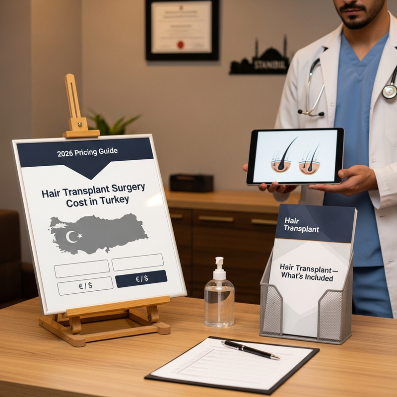 Square image for hair transplant surgery cost in Turkey featuring an illustrated scalp graft map and checklist-style icons