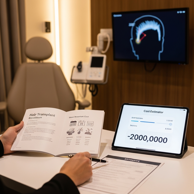 Patient reviewing hair transplant cost breakdown with surgeon
