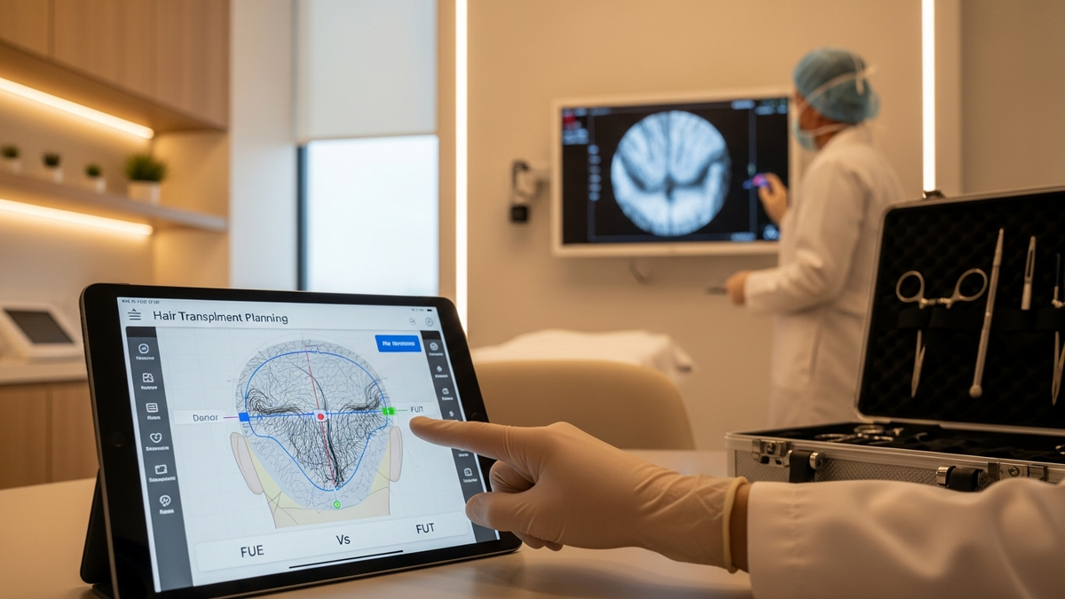 Clinic hair transplant consultation: surgeon reviewing FUE vs FUT options with patient using modern hair restoration technology