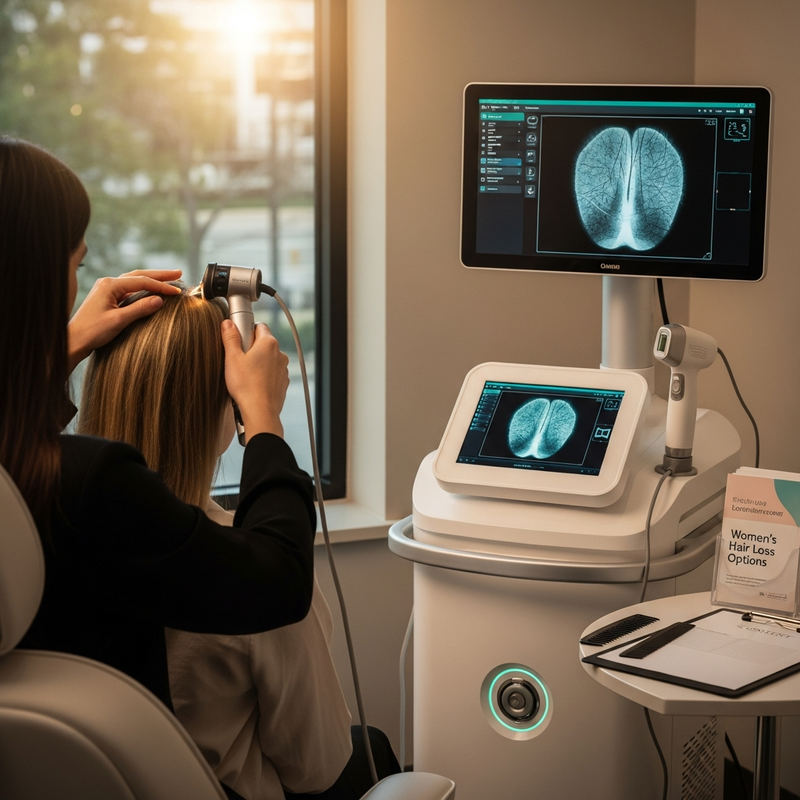 Close-up scalp assessment for women hair loss treatment planning