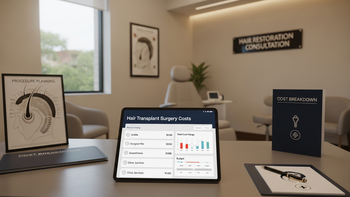 Hair transplant surgery costs guide with a patient reviewing FUE and FUT planning and pricing details