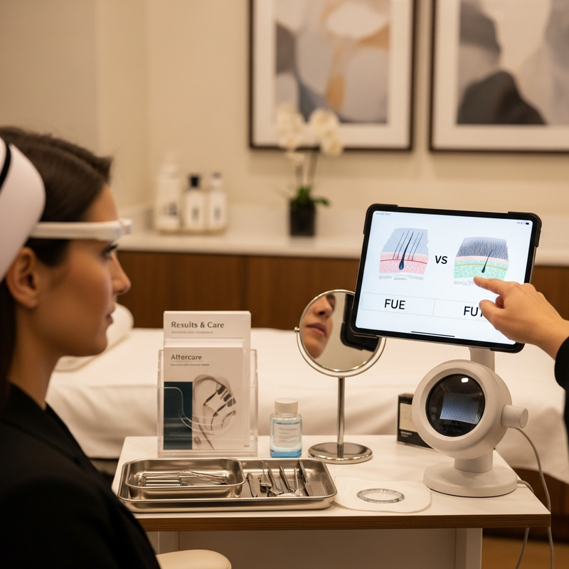 Woman reviewing hair implant plan and graft options in a clinic consultation
