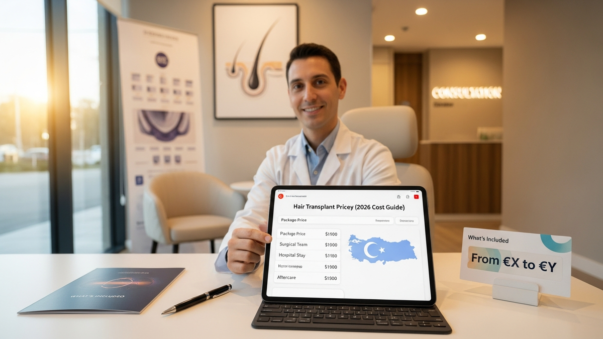 Hair transplant prices in Turkey guide showing a modern clinic setting with medical professionals and a natural-looking hairline planning chart