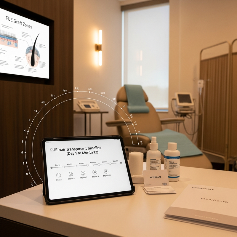 Square card graphic: FUE hair transplant recovery timeline with week-by-week milestones and side effect warning icons