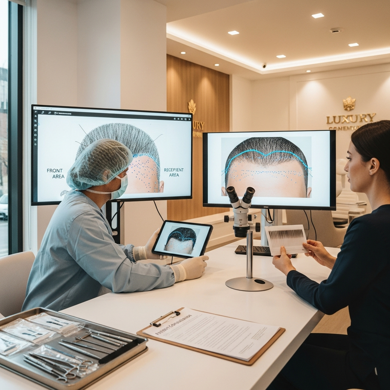 Hair transplant surgeon evaluating donor hair density and discussing FUE and FUT options for natural-looking results