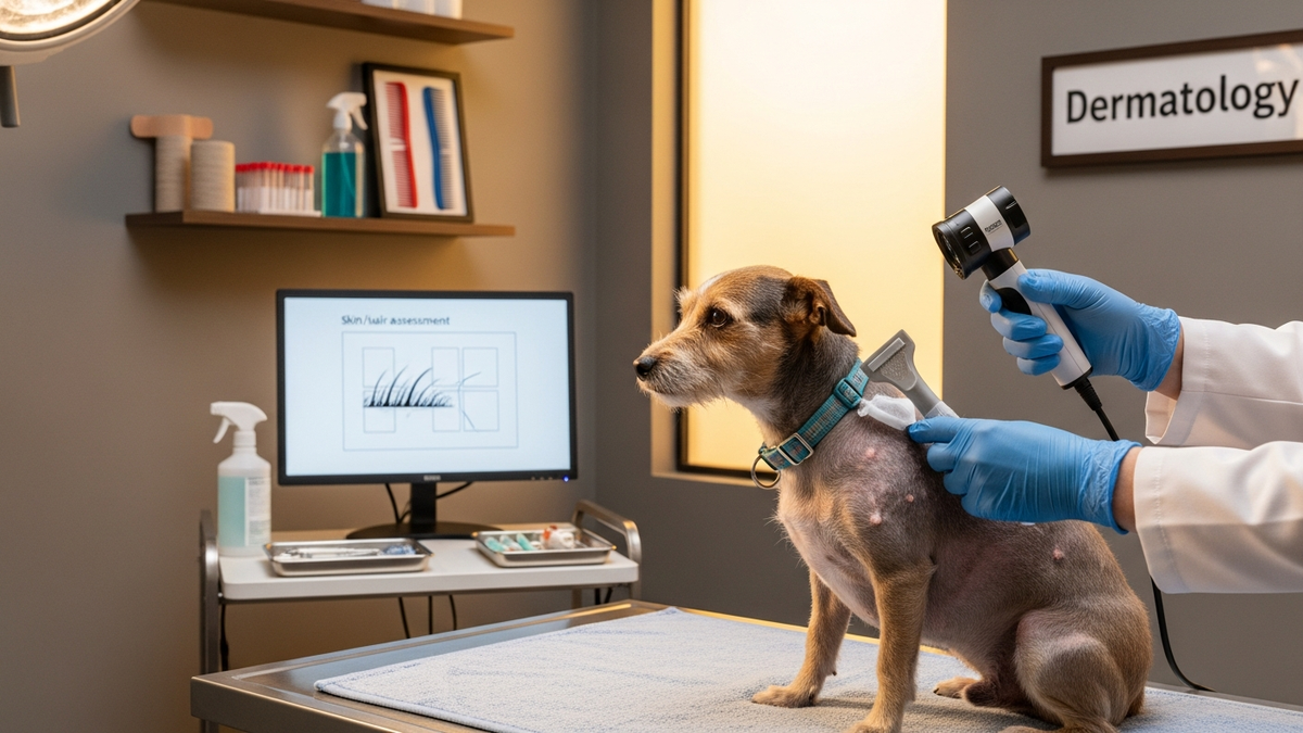 Dog skin exam for treatment for hair loss for dogs with vet guidance