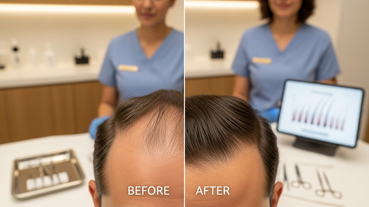 After and before hair transplant timeline showing preparation, healing, shedding, and regrowth