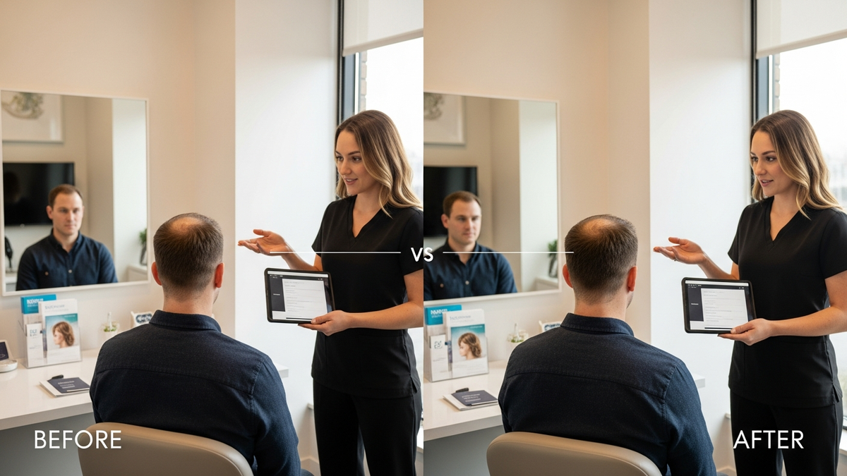 Hair transplant before and after comparison showing natural hairline regrowth