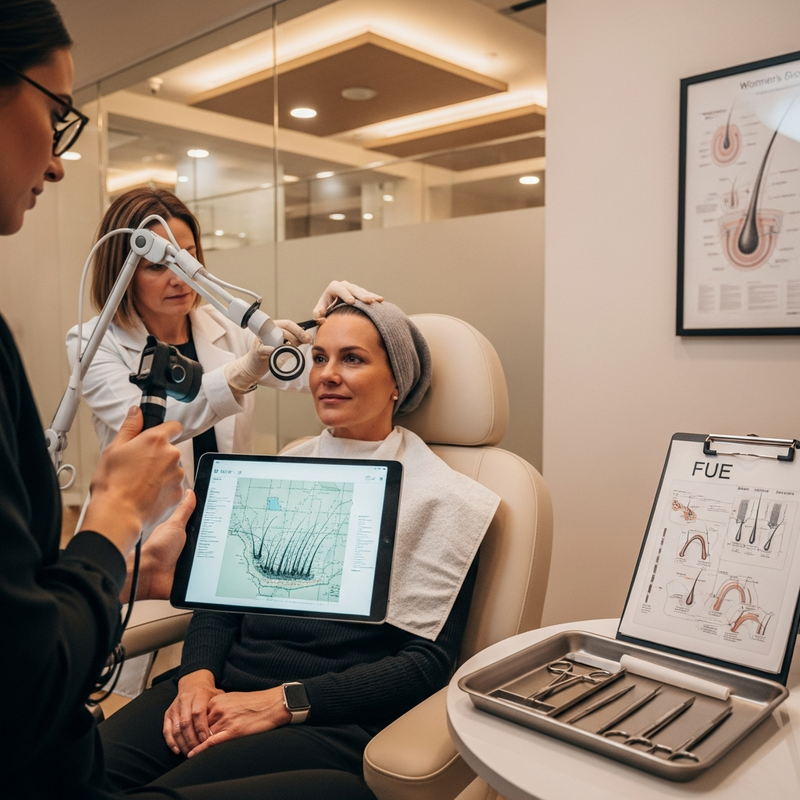 Women comparing FUE and FUT hair transplant options for scalp coverage