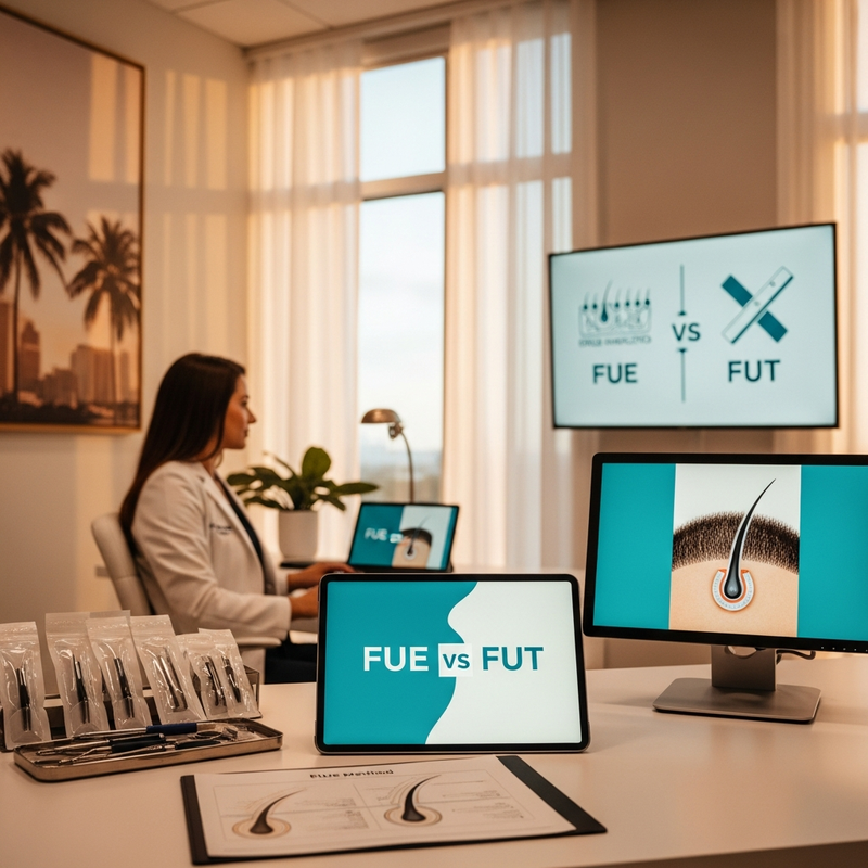 FUE and FUT hair transplant Miami Florida comparison card for donor and recipient planning