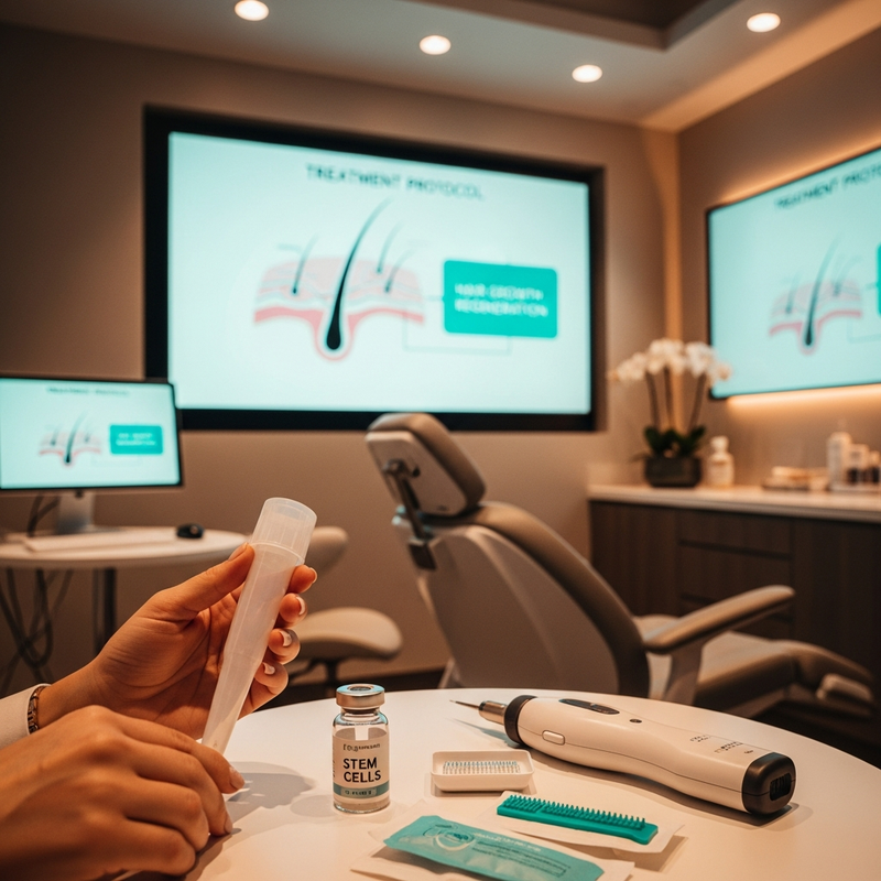 Stem cell hair restoration steps including evaluation, injections, and follow-up tracking