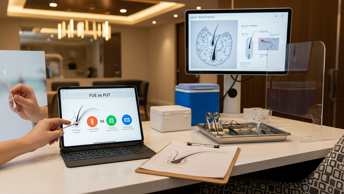 Clinic hair transplant consultation assessing donor area and hairline design