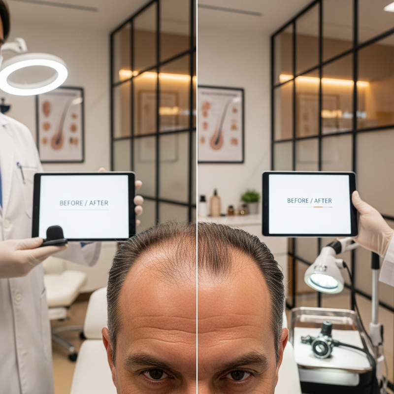 Hair transplant after and before timeline with early healing and growth stages