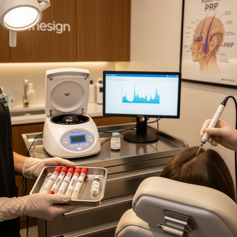 Close-up of platelet rich plasma therapy for hair loss effectiveness preparation: PRP tubes and scalp injection plan