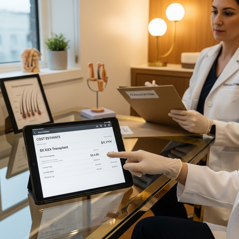 Surgeon reviewing hair transplant plan and graft estimate for cost