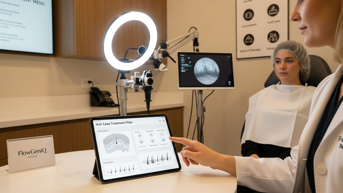 Teen seeking hair loss teenager treatment guidance during a scalp evaluation