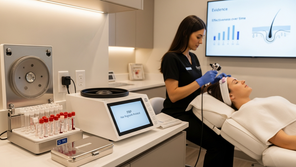 Platelet rich plasma therapy for hair loss effectiveness: clinician administering PRP injections to the scalp for hair restoration