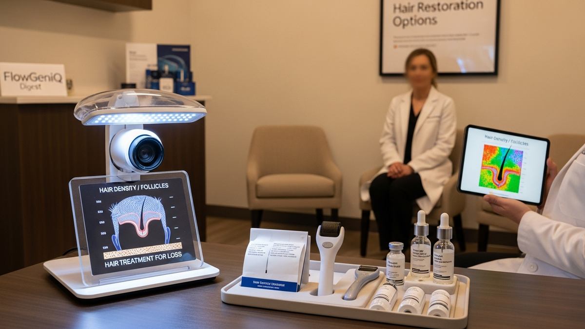 Hair treatment for loss consultation with dermatologist and scalp assessment