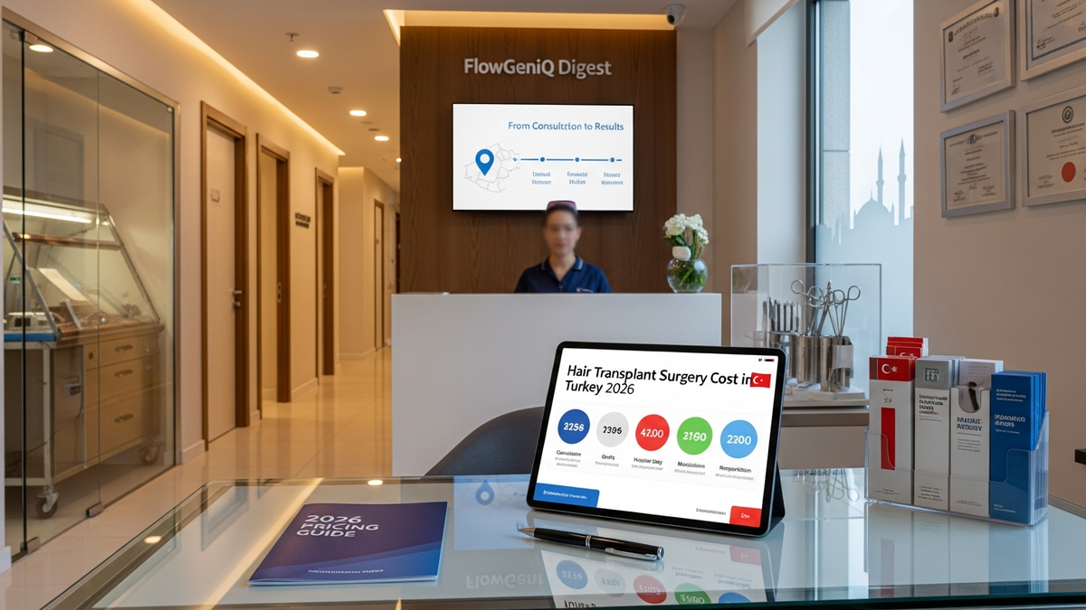 Hair transplant surgery cost in Turkey guide image showing a clinic consultation scene with a patient and surgeon discussing FUE options