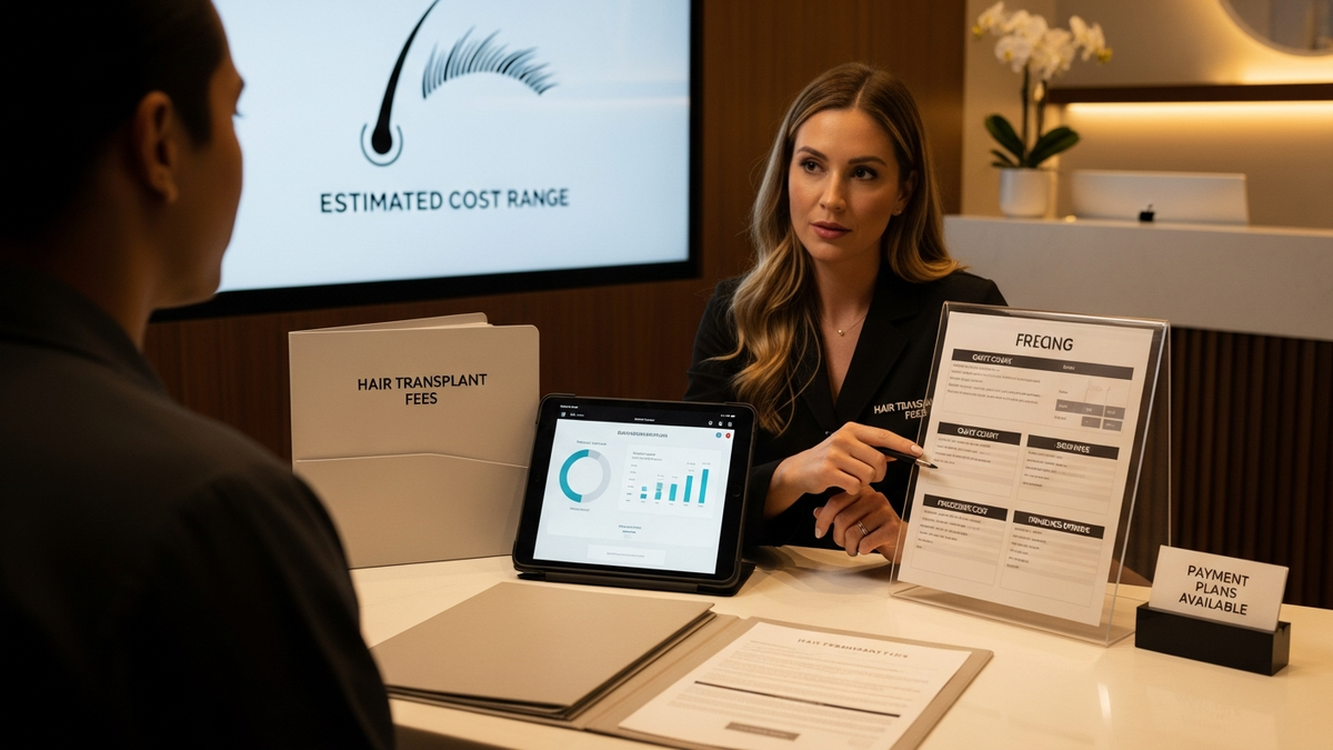 Patient consultation for hair transplant fees and graft planning at a premium clinic