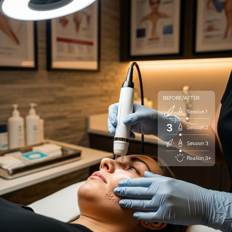 Close-up of micro needling for acne scars: needles creating controlled micro-injuries on facial skin before collagen remodeling