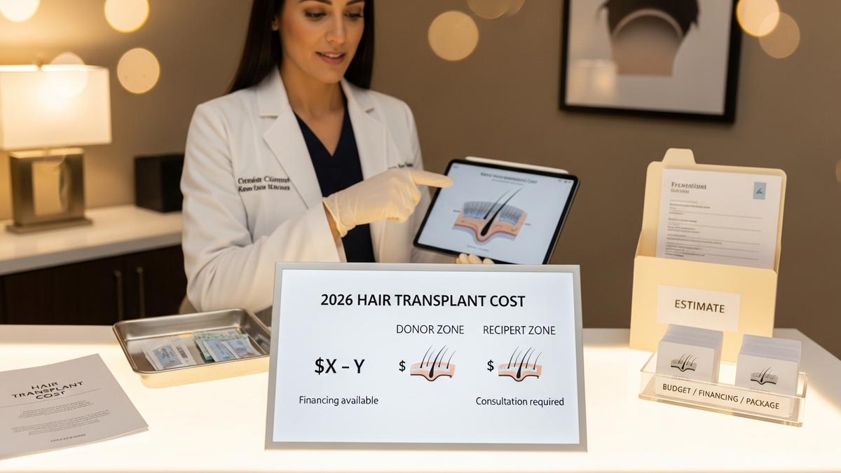 Hair transplant cost consultation: surgeon discussing FUE and FUT planning with a patient in a modern clinic setting